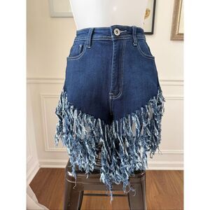 Swank A Posh Long Fringe High Rise Denim Festival Shorts Blue M